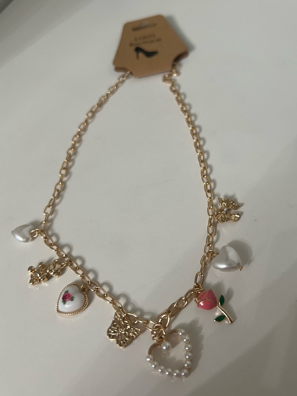 Gold-Tone Charm Necklace with Pink Rose & Heart Accents - Women Jewelry